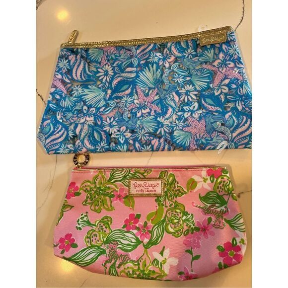 2 Lilly Pulitzer Cosmetic and Traveling Pouch Blue Pink - Picture 1 of 10